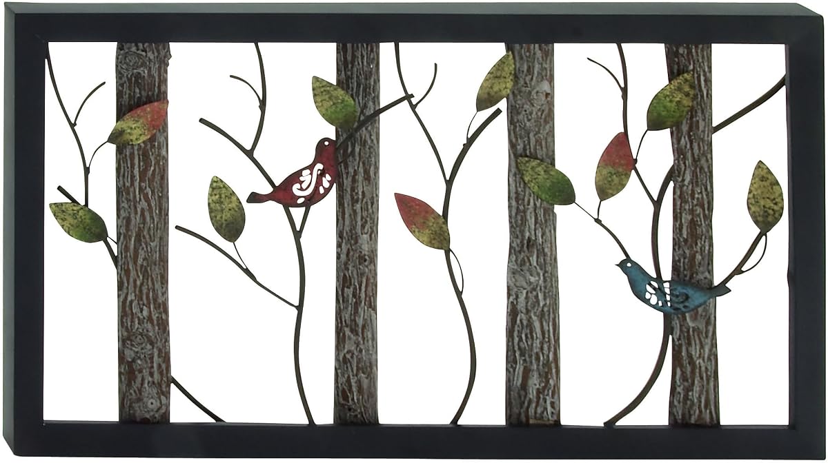 Deco 79 Metal Bird Home Wall Decor Wall Sculpture with Tree Branches and Colorful Leaves, Wall Art 36" x 2" x 20", Black