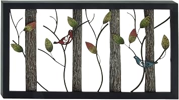 Deco 79 Metal Bird Home Wall Decor Wall Sculpture with Tree Branches and Colorful Leaves, Wall Art 36" x 2" x 20", Black