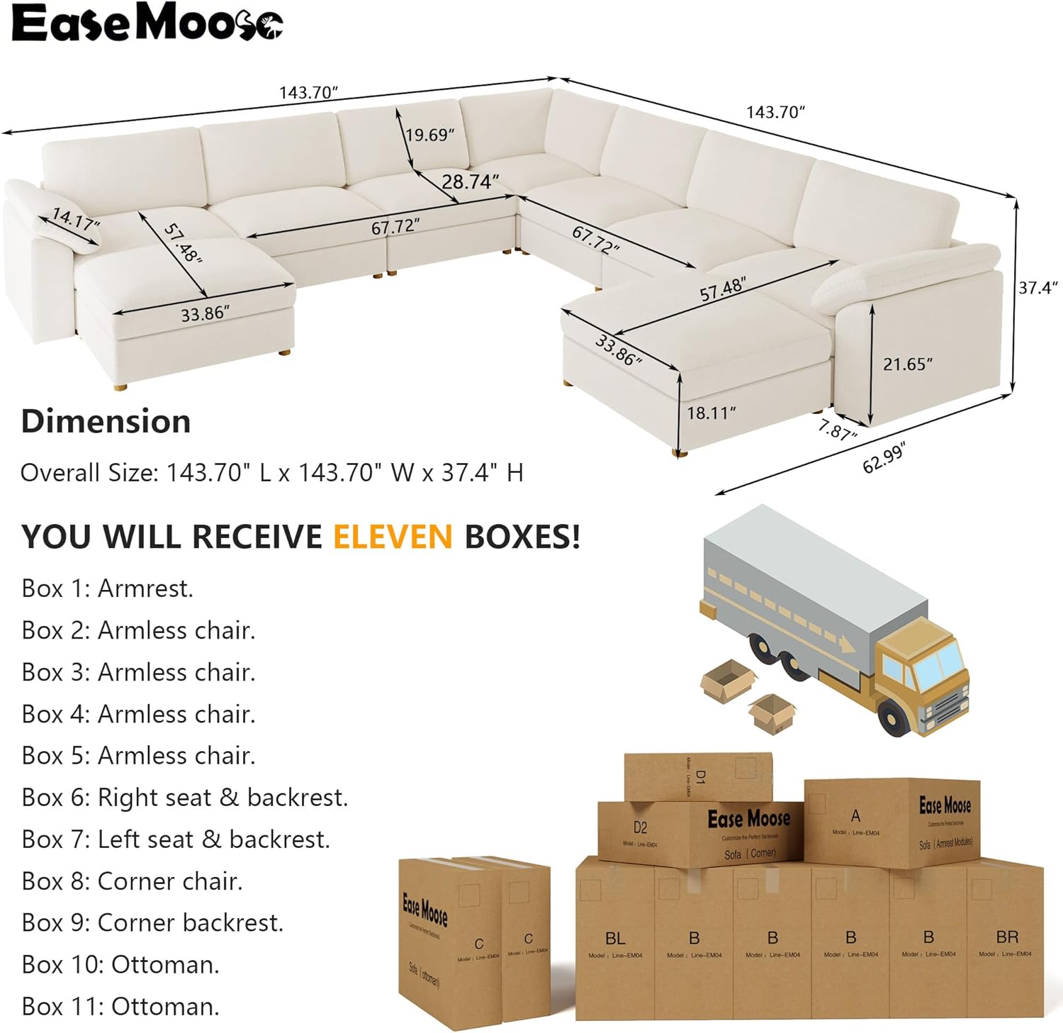 EASE MOOSE Oversized Modular Sectional Sofa with Ottoman,Modern Luxury Wide Deep Modular Couch, U Shaped Couch for Big Spaces Living Room, White White U Shape 9 Seat