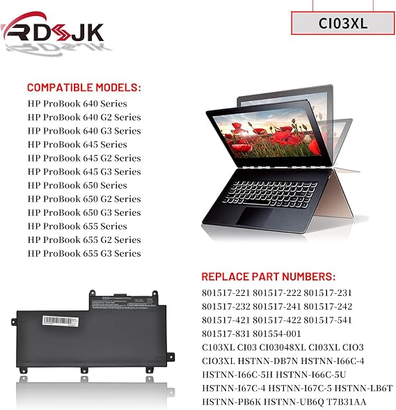 CI03XL Laptop Battery for HP ProBook 640 G2 645 G2 650 G2 655 G2 640 G3 645 G3 650 G3 655 G3 Series CI03 CIO3 CIO3XL HSTNN-UB6Q HSTNN-LB6T HSTNN-PB6K 801517-221 801517-422 801554-001 C103XL 11.4V 48Wh