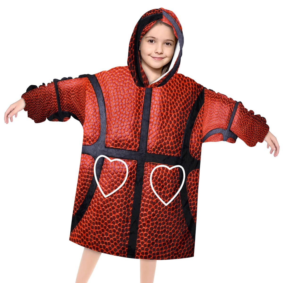 Wearable Blanket Hoodie for Kids, Red Basketball Lace Fleece Sweatshirt Blanket Oversized Blanket Sweatshirt with Pocket Flannel Warm Hooded Blanket 6-10 Year Old Girl Boy Gift, One Size