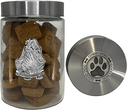 Heritage Pewter Basset Hound Good Dog Treat Jar – Tarro de golosinas de 34 onzas con tapa hermética a rosca | Regalo para propietarios de Basset