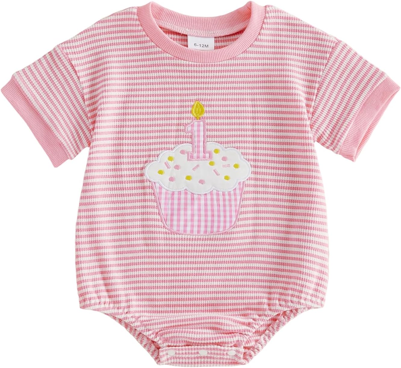 GOOCHEER Baby Girl Boy First Birthday Short Sleeve Romper 1 Cake Embroidery Waffle Knit Jumpsuit Top One Year Old Clothes