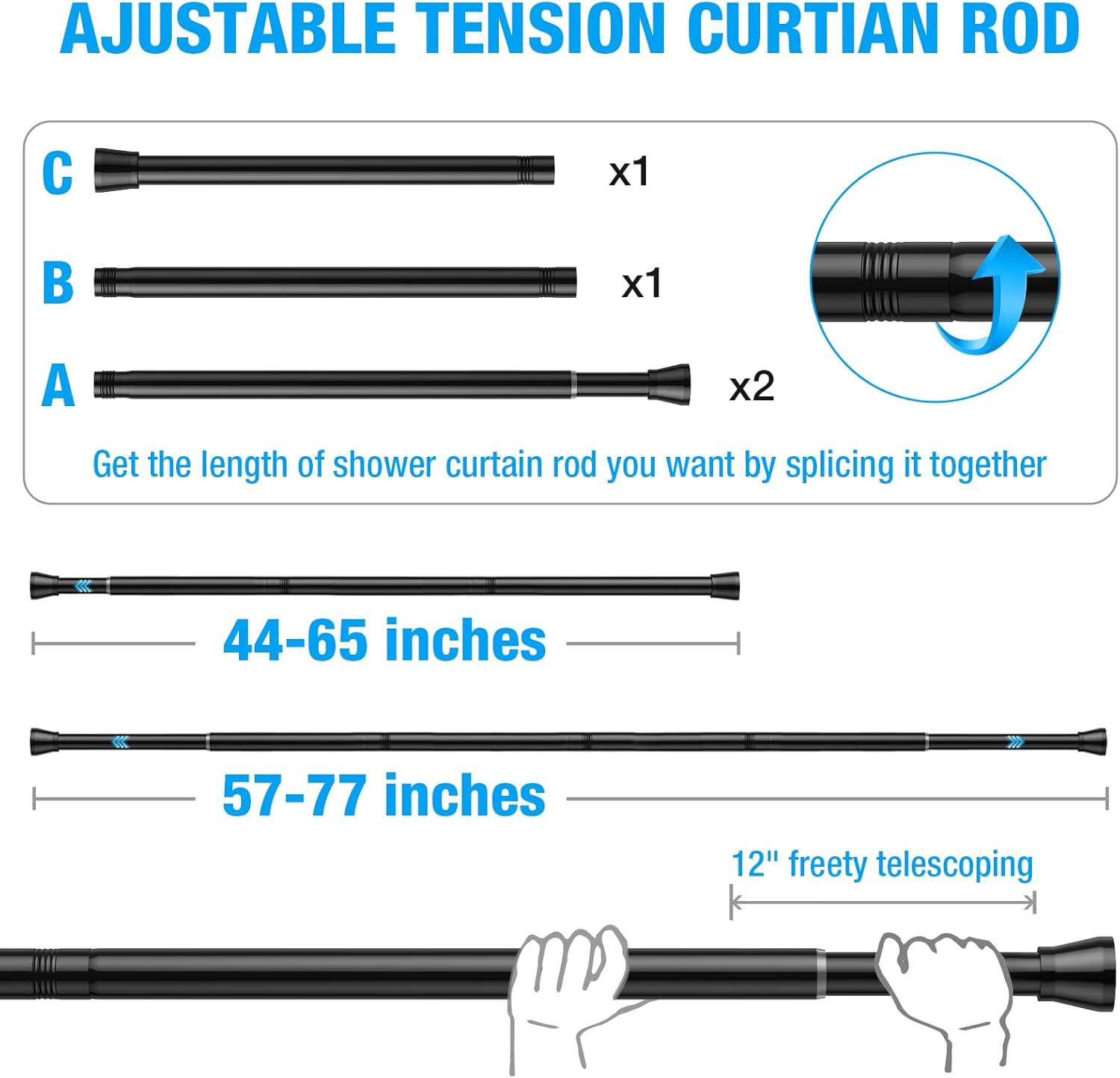 2pcs Shower Curtain Rod 44-77 inch Black Tension Rod Shower rod Non Slip Tension Curtain Rod Adjustable Curtain Rods No Drilling Shower Rods for Bathroom Windows Closet