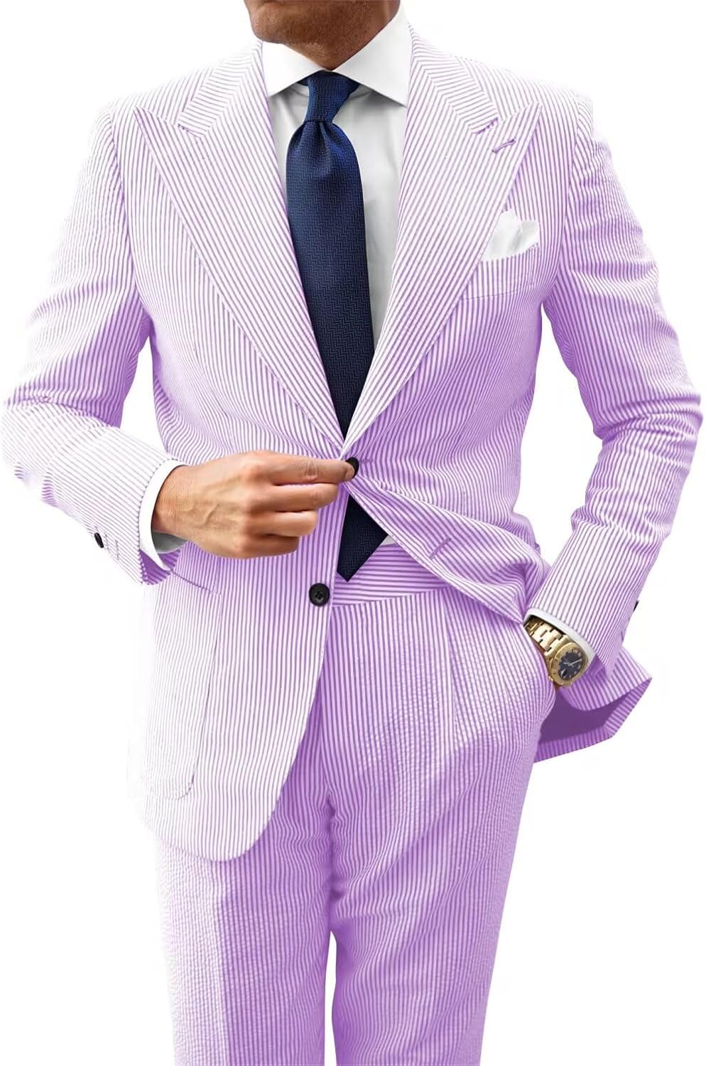 HUUTOE Mens 2 Piece Seersucker Prom Suit Leisure Sear Sucker Suit for Men White Summer Beach Wedding