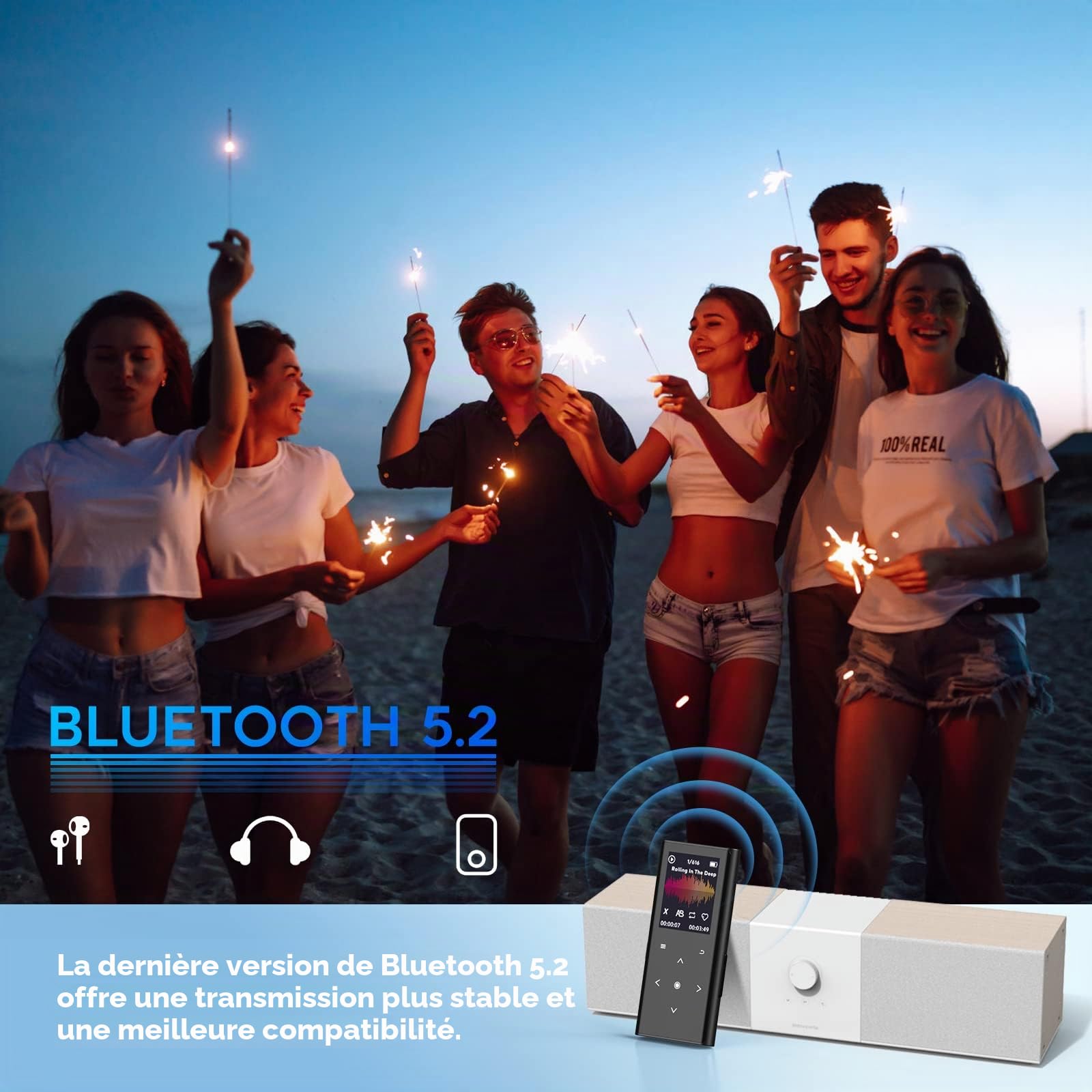 64Go Lecteur MP3, Lecteur de Musique avec Bluetooth 5.2, Haut-Parleur HD Intégré, Radio FM, Enregistreur Vocal, Design Mini, Poids 70G, Son HiFi, Idéal pour Le Sport, Écouteurs Inclus