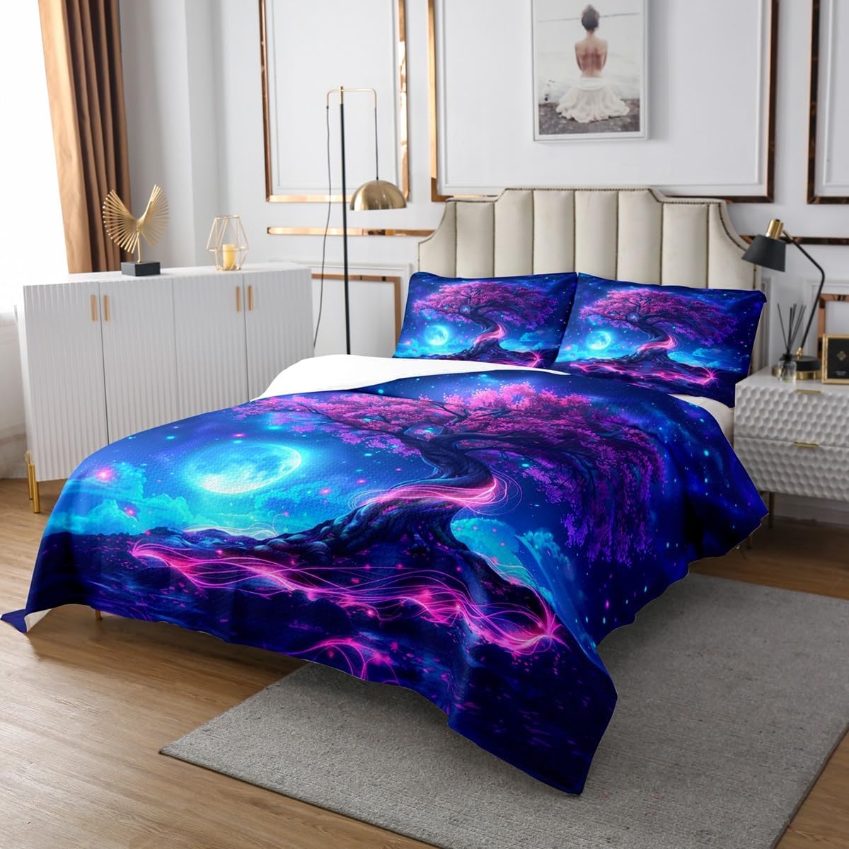 Castle Fairy Cherry Tree Bedspread King Size Natural Landscape Botanical Coverlet Set Kids Room Present Galaxy Nebula Bedroom Decor Bedding Set Dreamy Exotic Style Bedding with 2 Pillowcases