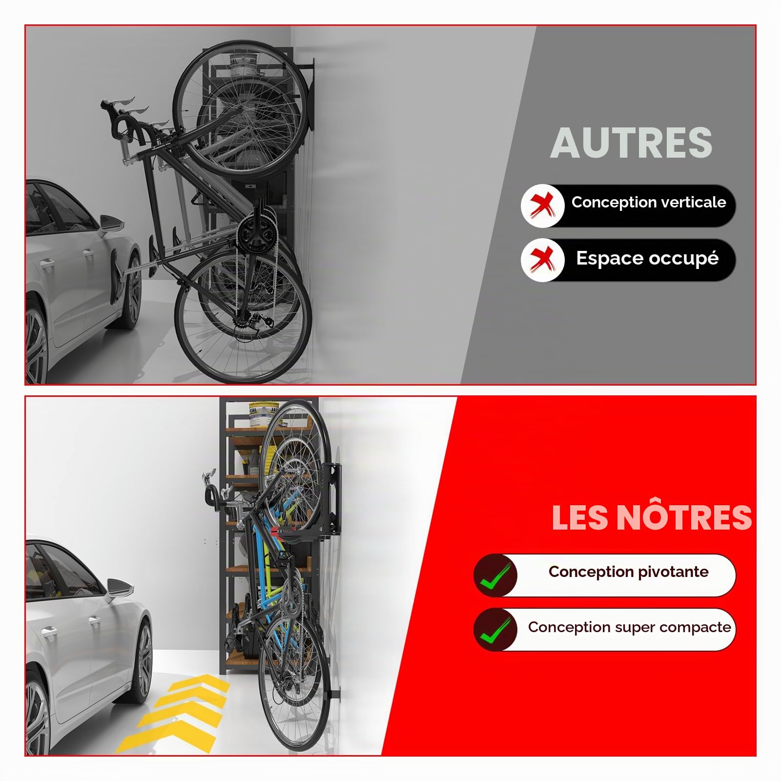 IMAYCC Support mural Professionnel Pivotant pour Vélo, sans Levage Lourd, Peu Encombrant pour le Garage, Facile à Accrocher et à Enlever, Peut Supporter Jusqu'à 40 kg (Noir-Rouge, 1 pièce)