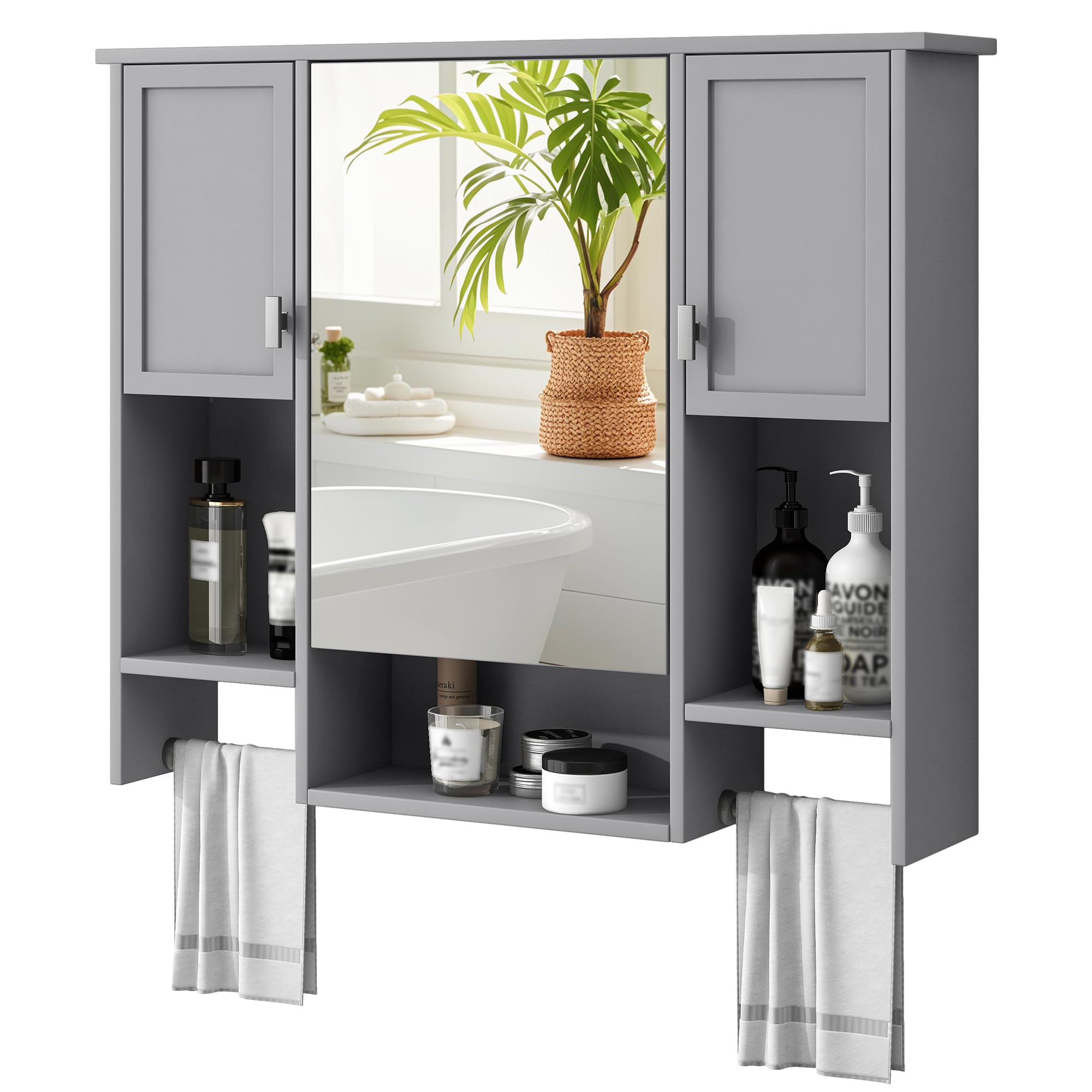 Virubi Bathroom Medicine Cabinet, Wall Mounted Bathroom Storage Cabinet with Mirror, Open Shelf, Side Cabinet and Towel Bar, Over The Toilet Mirrored