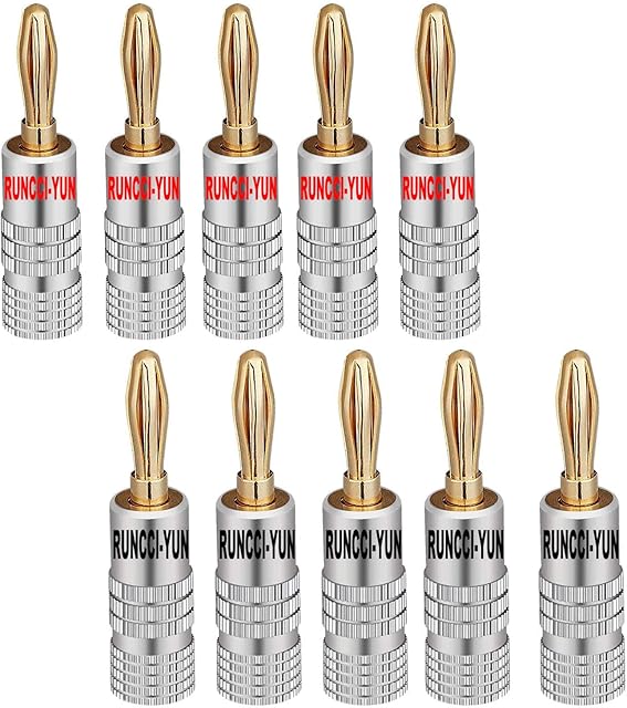 RUNCCI-YUN 10 Pcs 24K Gold-plating Speaker Banana Plugs Audio Jack Connector forconnection to speakers, amplifiers, A/V receivers, power amplifiers & stereo systems (5 Black and 5 Red)
