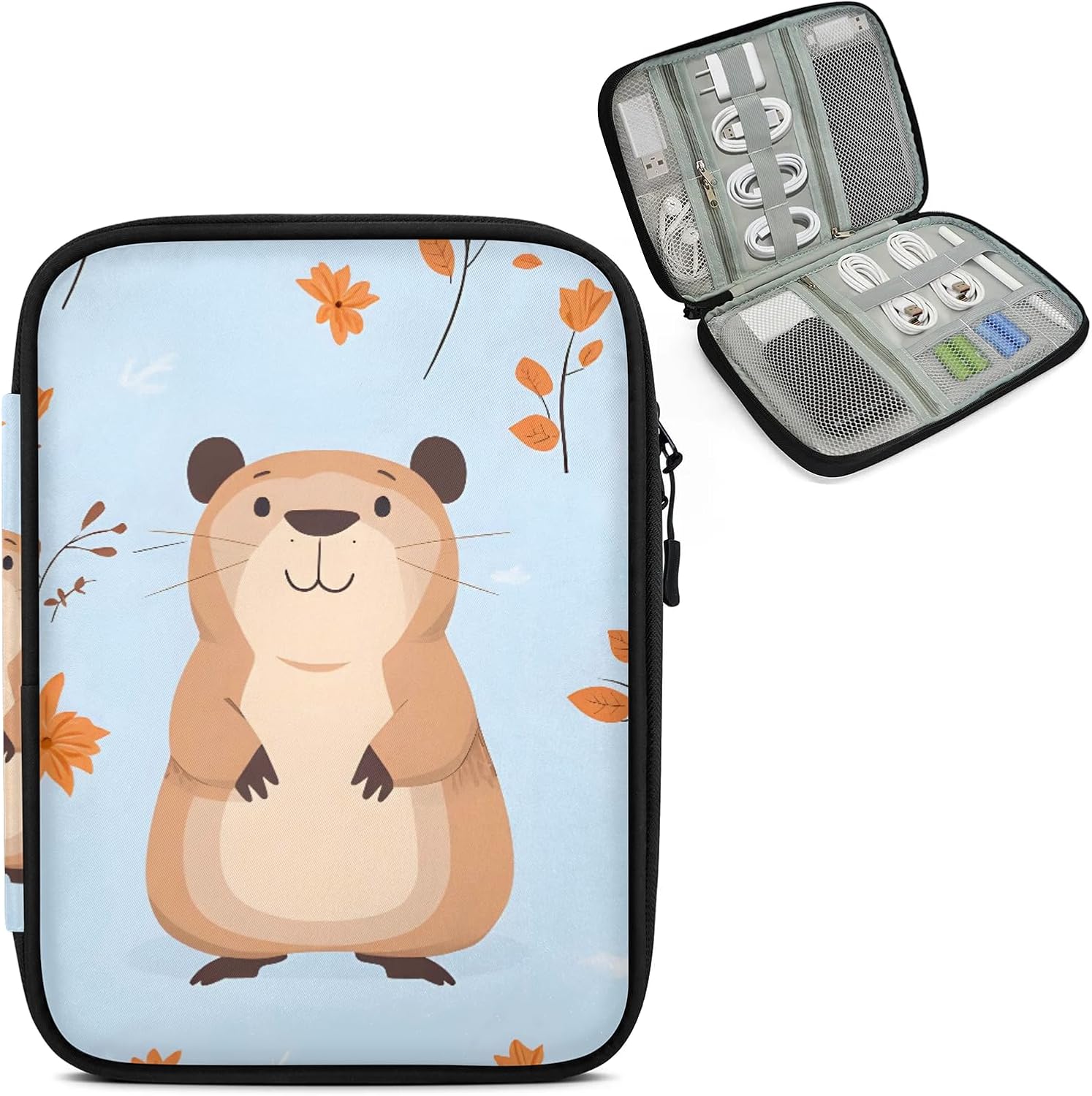 Cute Bear Travel Electronic Organizer Case, Leaves Slim Cable Management Bag for Game Console & Accessories, Portable Double Zipper Pouch with Mesh Pockets & Elastic Straps