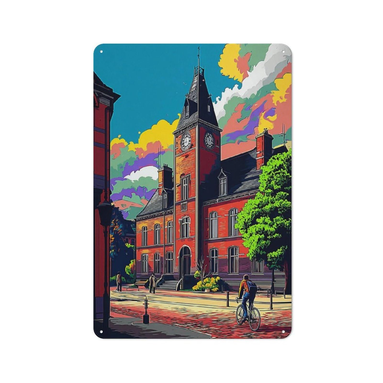 Junmoney Colorful Town Square With Clock Tower Industrial Tin Sign 30X20cm, Garage Wall Decor For Garage, Hobby Room, Office Or Man Cave