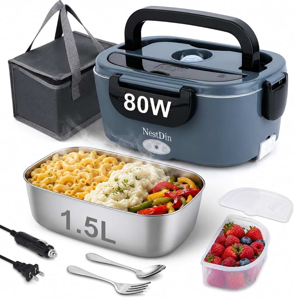 Electric Lunch Box,1.5L Heated Food Warmer, 80W Heating Box | Fast Heating Food Heater for Adults Work/Car/Office/Travel, 12/24/110V Lonchera Eléctrica Portátil with Fork Spoon