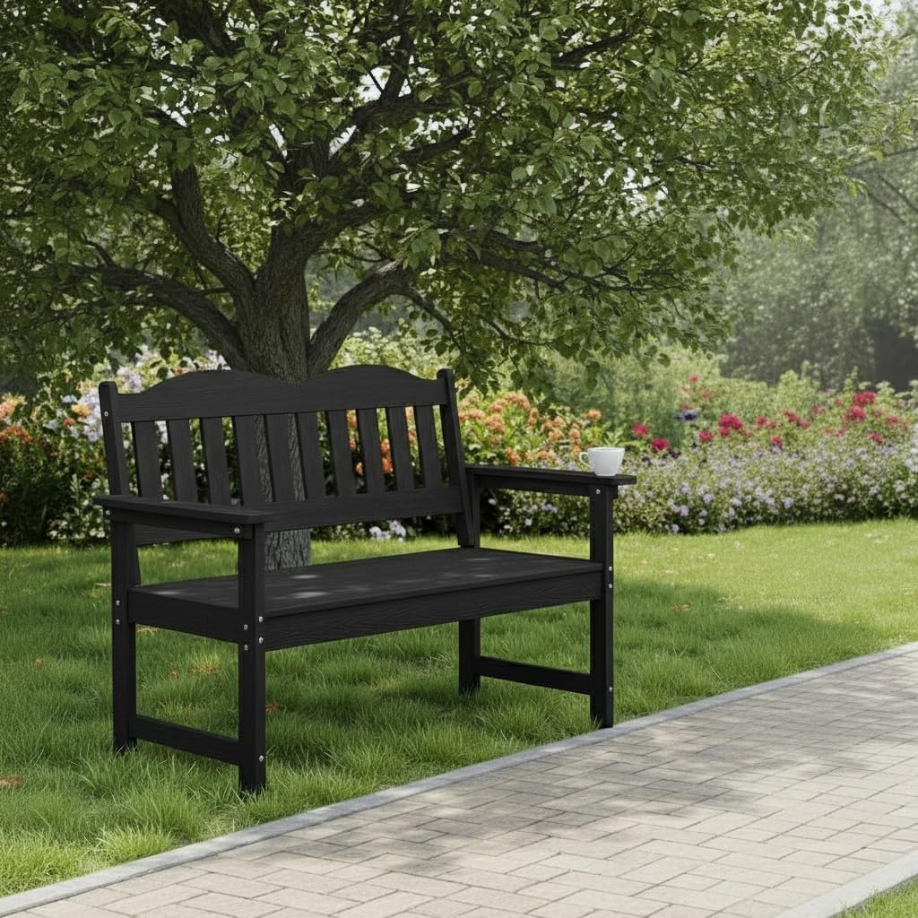 Garden Bench, 2-Person Poly Lumber Patio Bench,Slatted Patio Loveseat, for Use in Yard, Garden, Porch, or Park