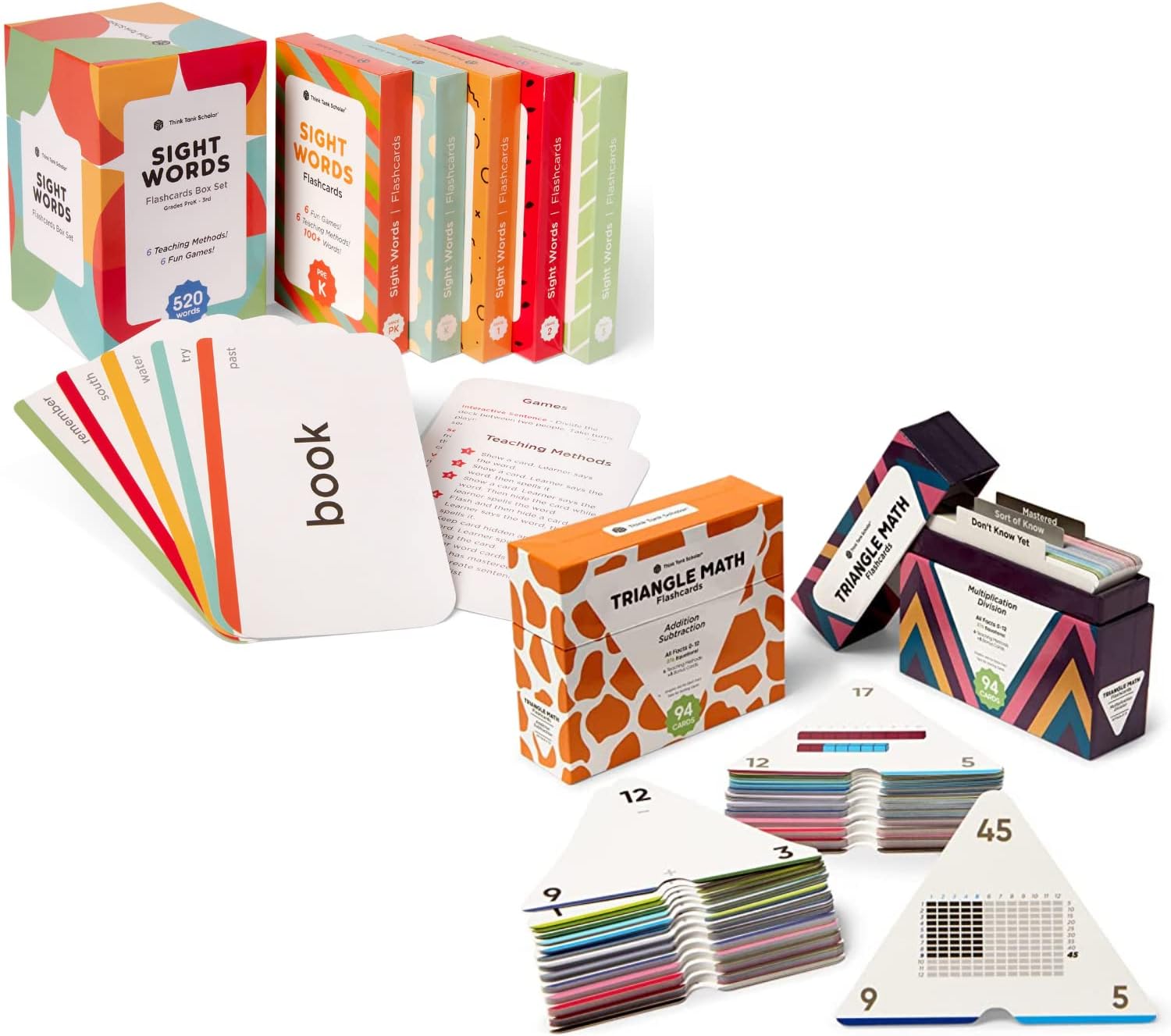 520 Sight Words Flash Cards + Triangle Math Set 752 Equations (Award-Winning) - Preschool (Pre K) Kindergarten 1st-3rd Grade Homeschool (Kids Ages 3-9) Dolch & Fry High Frequency