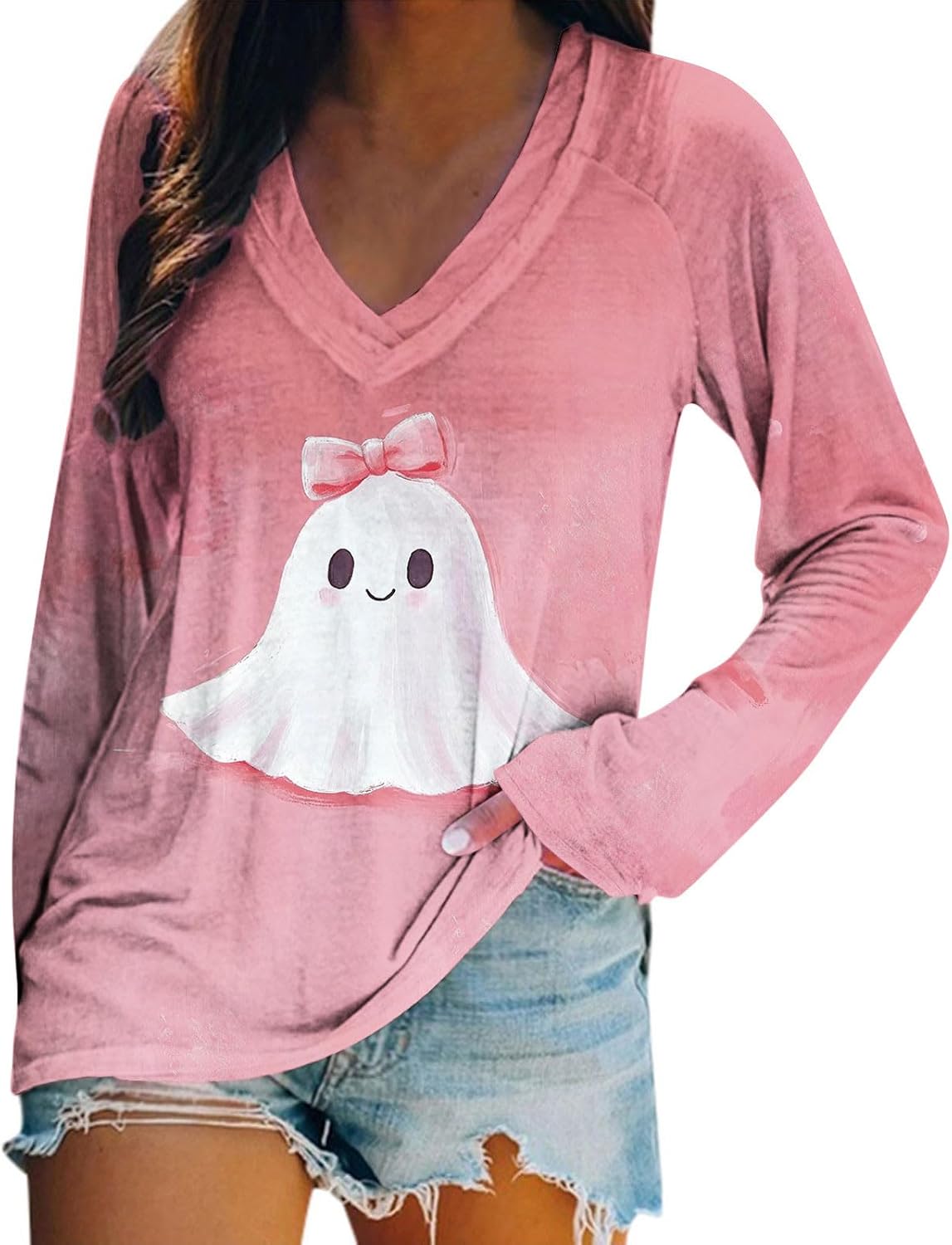Halloween Shirts for Women Vintage Fashion Ghost Pumpkin Print Graphic Tees Casual V Neck Long Sleeve Tunic Tops