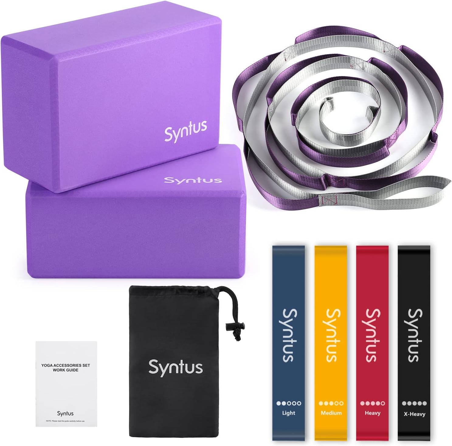 Syntus 9-in-1 Yoga Set, 1 Yoga Strap with 12 Loops, 2 EVA Foam Soft Non-Slip Yoga Blocks 9×6×4 inches,4 Resistance Bands with Instruction Book for Yoga, Pilates, Stretchings (Purple)