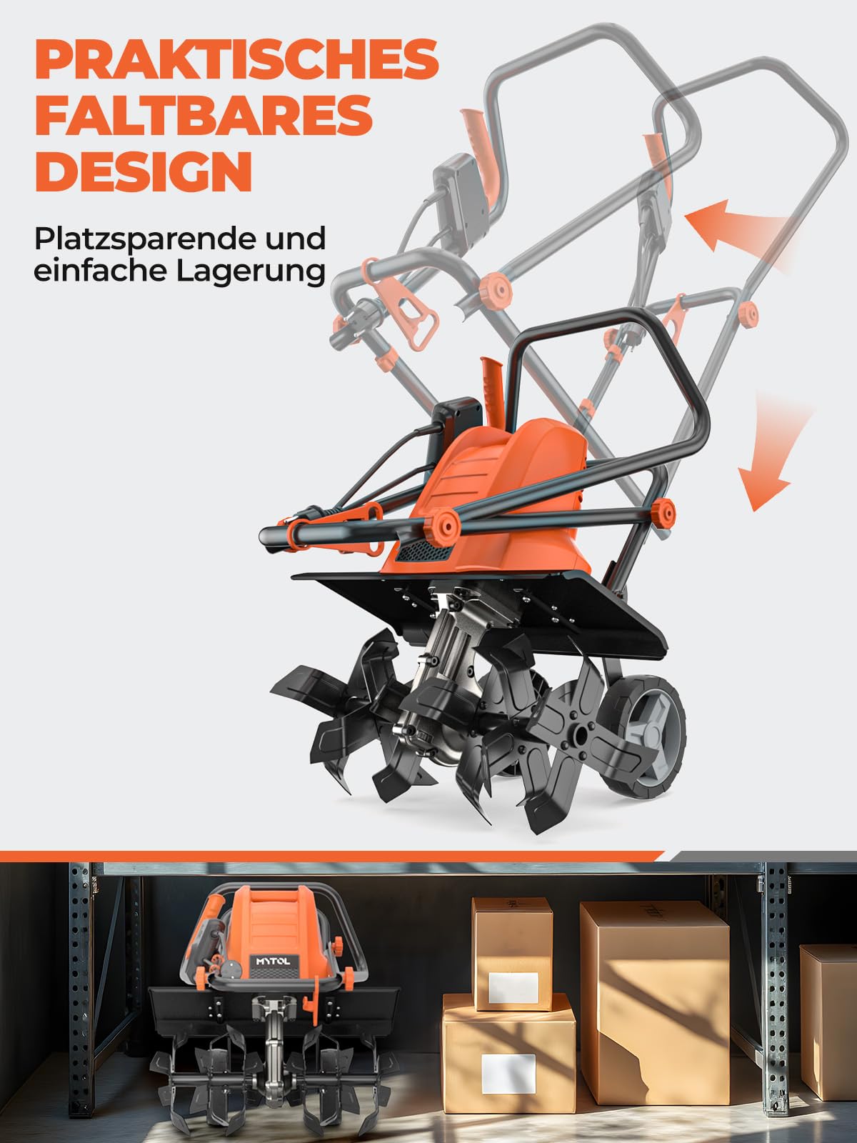 MYTOL 1500W Motorhacke Elektrisch, 45cm Arbeitsbreite, 22cm Arbeitstiefe, Leichtgewichts-gartenfräse mit 6×4 Robuste Stahlzinken, Klappbarer Griff, Doppelter Sicherheitsknopf, Überhitzungsschutz