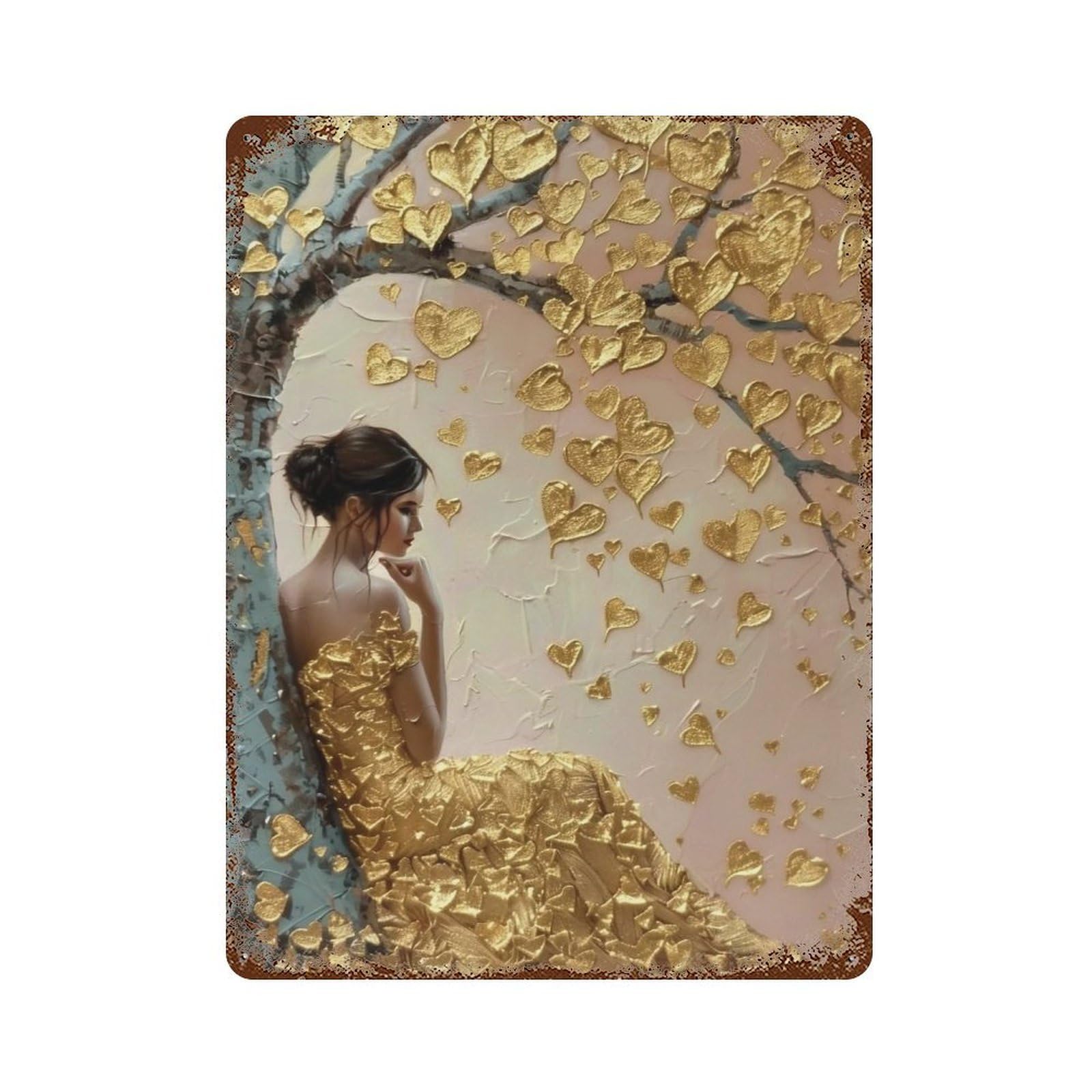 WUJHGRSG Impasto Gilded Heart Tree Lady 03 Wall Art Retro Iron Vintage Metal Tin Sign Poster Modern Decor for Home Cofffee Club Bar Shop Style 40x30cm
