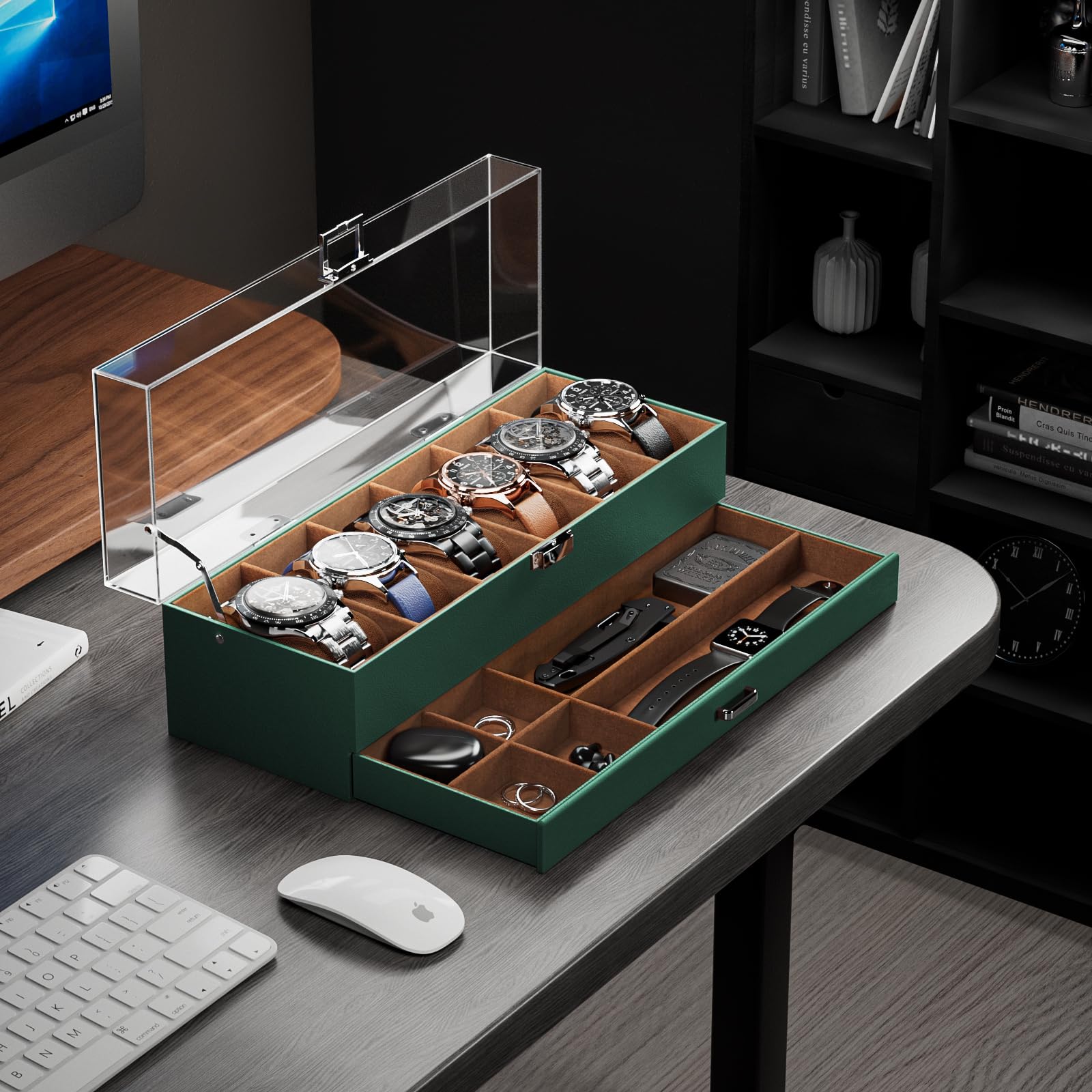 Scatola Portagioielli In Legno ProCase – 6 Slot Per Orologi Più Cassetto, Vetro Antiriflesso E Finitura Noce Elegante