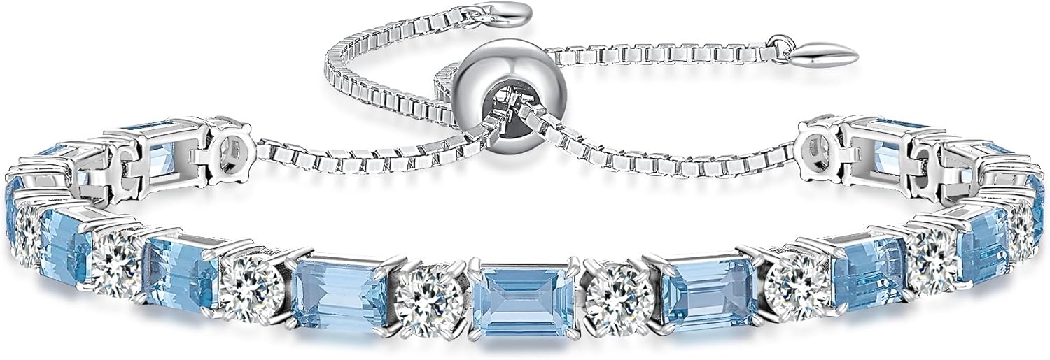 Birthstone Tennis Bracelets for Women White Gold Sterling Silver Gemstone Bracelets Adjustable Chain 6-9 Inchs Jewelry Anniversary Birthday Gifts for Women Mom Wife Her