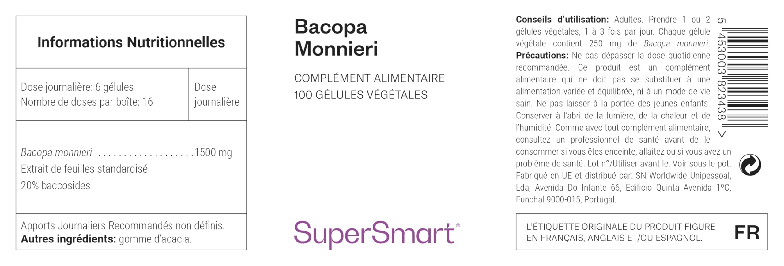 Bacopa Monnieri - Extrait de Feuilles de Baccosides Concentré (50%) - Contribue à Améliorer la Mémoire, les Capacités d’Apprentissage et le Traitement de l’Information - Supersmart