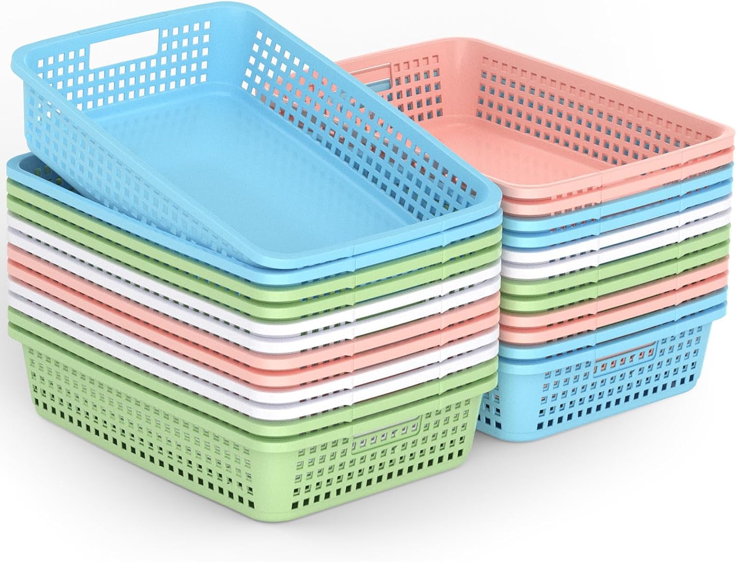 24 Pack Classroom Storage Baskets 15''x10''x3'' Large Plastic Paper Trays with Handle Letter Size A4 Paper Toy Basket Turn in Trays for Library Office Desk Drawer Organizing (24, Bright Color)