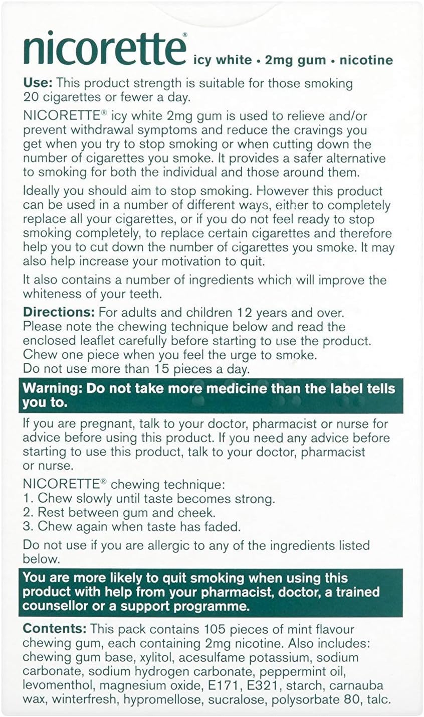 Nicorette OTC Stop Smoking Nicotine Gum, 2mg-White Ice Mint-100 ct.