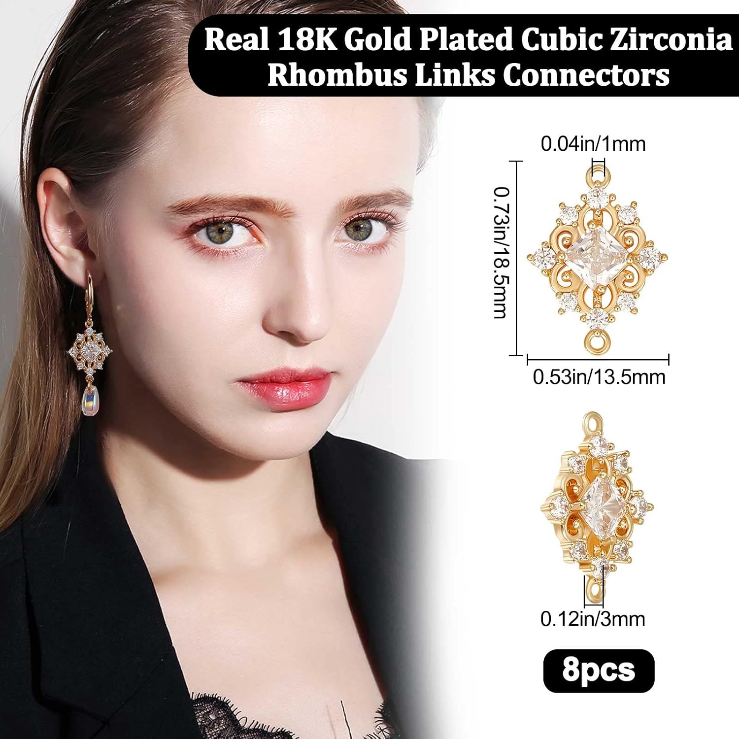 Beebeecraft 1 Box 8Pcs Connector Charms 18K Gold Plated Brass Cubic Zirconia Rhombus Links Connectors Hollow Flower Links Charms for DIY Bracelet Necklace Jewelry Making