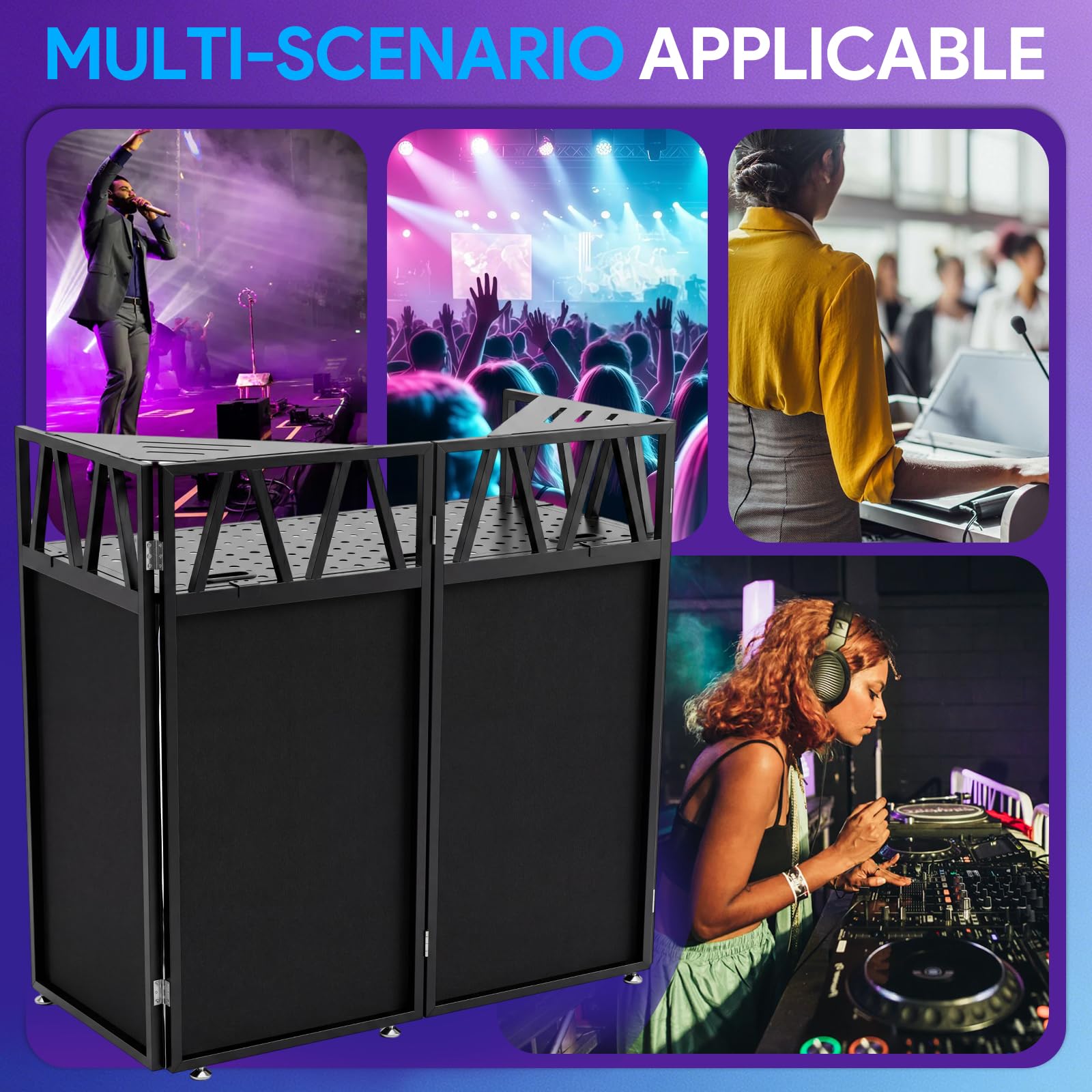 Cabina per DJ con ruote, 107 x 53 x 117 cm, con scrim | Bianco e Nero Scrim, Portatile Pieghevole DJ Tavolo Stand con Borsa per il Trasporto, per Feste, Eventi, Matrimonio