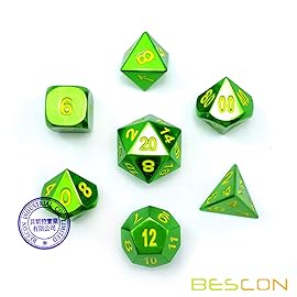 Bescon Heavy Duty Solid Metal Dice Set Glossy Green, Solid Metallic Polyhedral D&D RPG 7-Dice Set