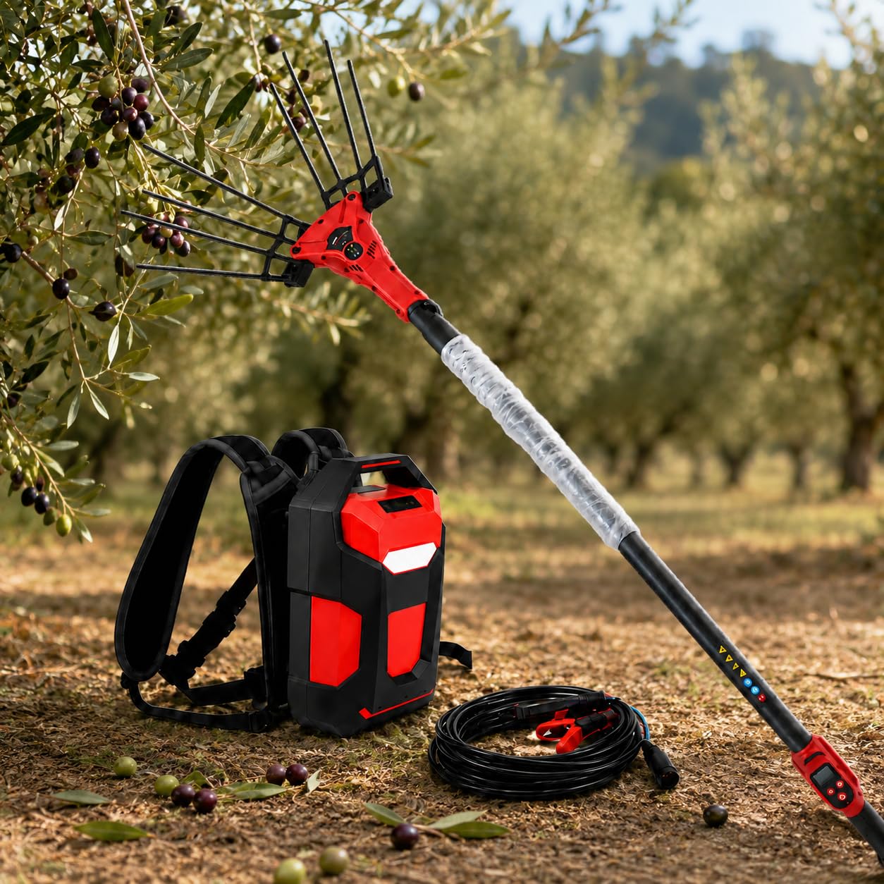 Macchina Raccolta Olive 250W/600W, Asta 2-3 m e Batteria Zaino 600w