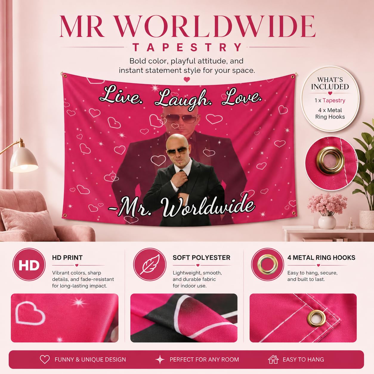 Myqiqi Mr Worldwide Tapestry, Arazzo divertente con ganci ad anello in metallo, per interni ed esterni, decorazione da appendere alla parete (130 x 150 cm)