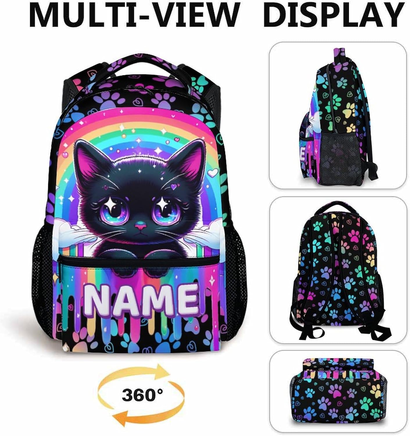 Kids Backpack for School, Personalized Cat Backpacks for Girls 6-8, Kids Back to School Supplies, 17 Inch Cute Leisure Animal Bookbag for Travel Preschool Elementary Kindergarten