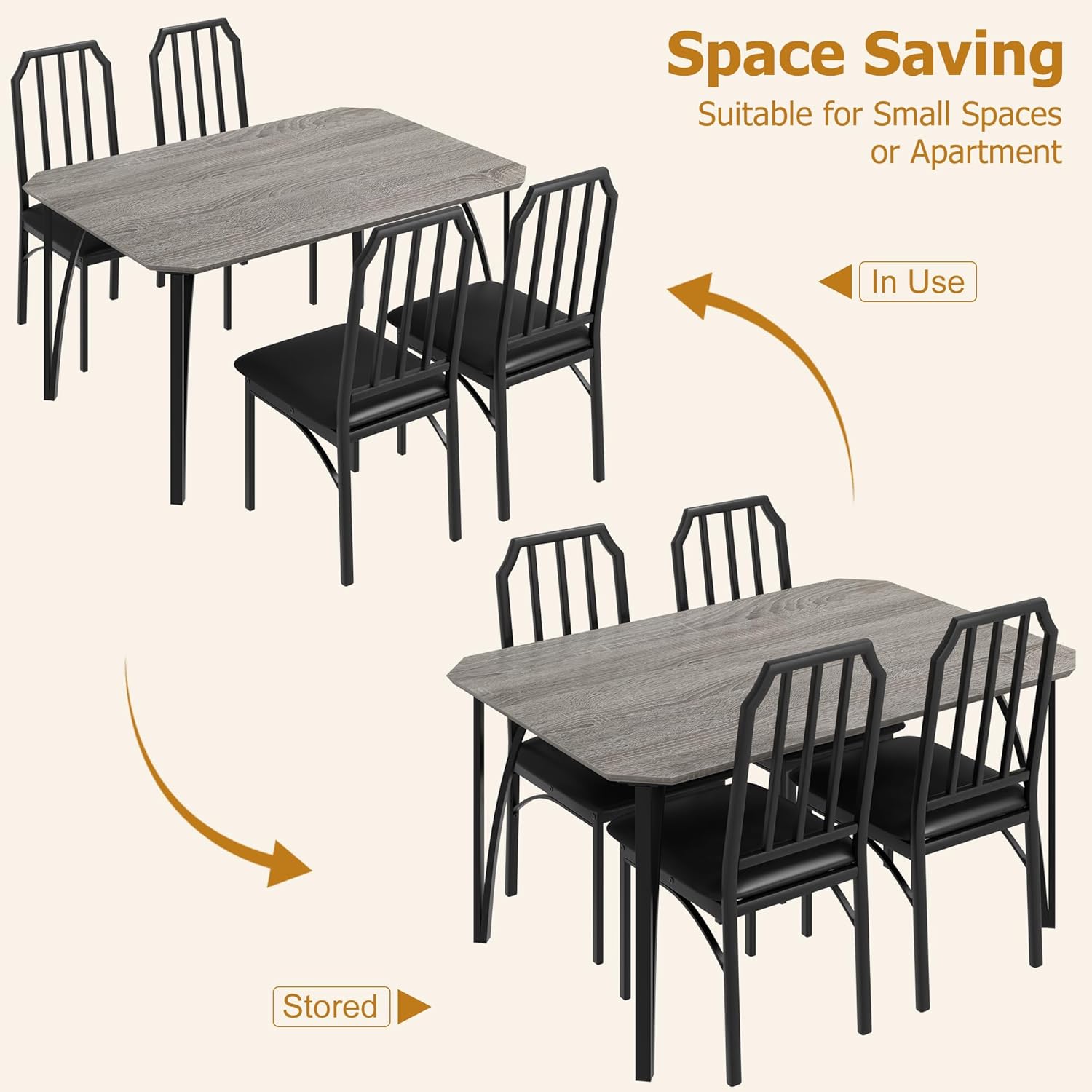 GAOMON Dining Table Set for 4, Rectangular Kitchen Table and Upholstered Chairs for 4, 5 Piece Dining Room Table Set with Chamfer Design, for Kitchen Room, Home, Apartment Easy Assembly (Rustic Gray)