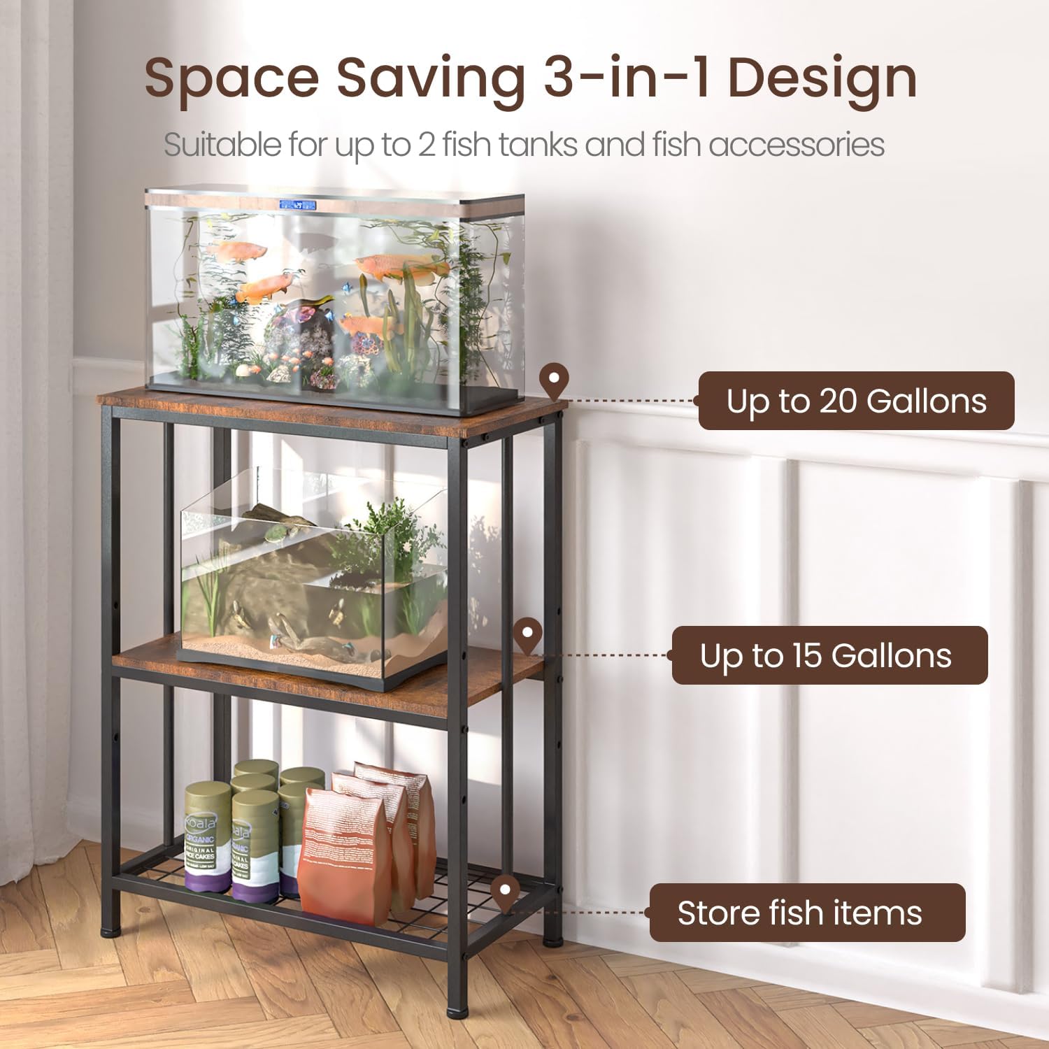10-20 Gallon Fish Tank Stand, 3-Tier Metal 20 Gallon Aquarium Stand Heavy Duty 5-10 Gallon Reptile Stand with Adjustable Storage Shelf for Breeder/Turtle/Terrarium Tank-24.8" L*11.8" W*30.7" H