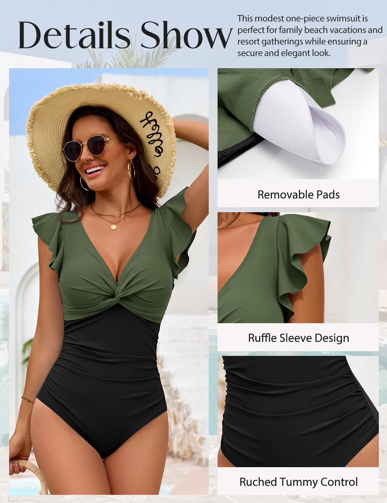 Costume Intero Donna Contenitivo Costumi da Bagno Interi Scollo a V Curvy Swimsuit con Volant Pancia Piatta Spiaggia Beachwear
