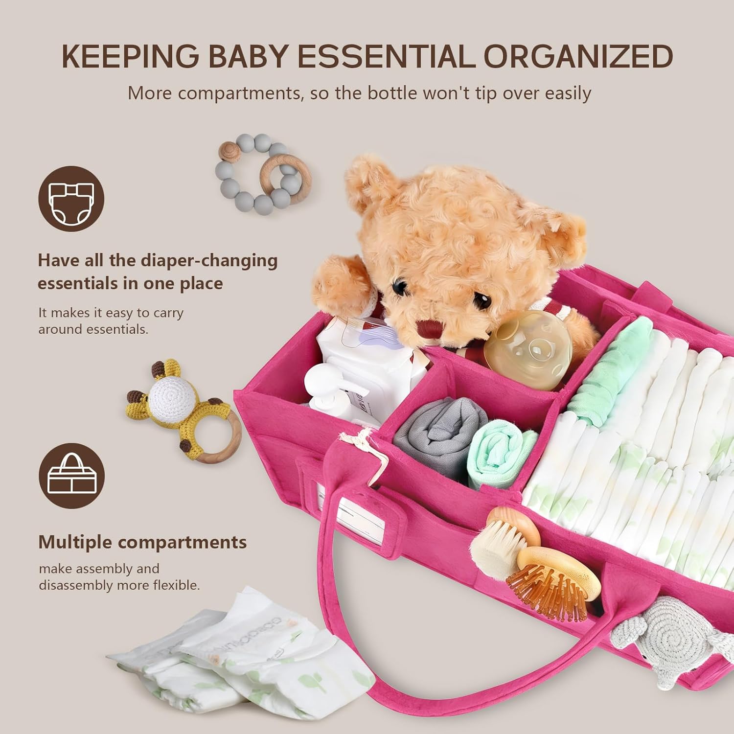 GEMII Diaper Caddy Organizer-Large Baby Caddy Organizer with Handle, Newborn Registry Essentials, Baby Shower Basket Gifts for Boys or Girls (Pink, Large)
