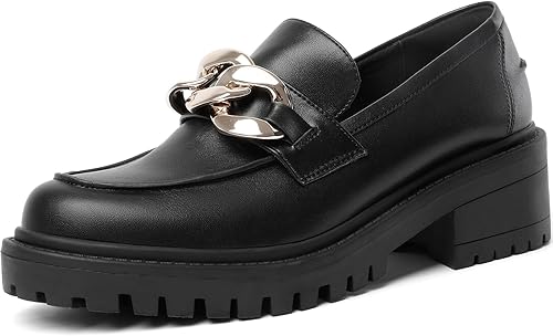 Mostrin Mocasines de plataforma para mujer con cadena, puntera redonda, gruesos, zapatos de negocios con suela de lengüeta