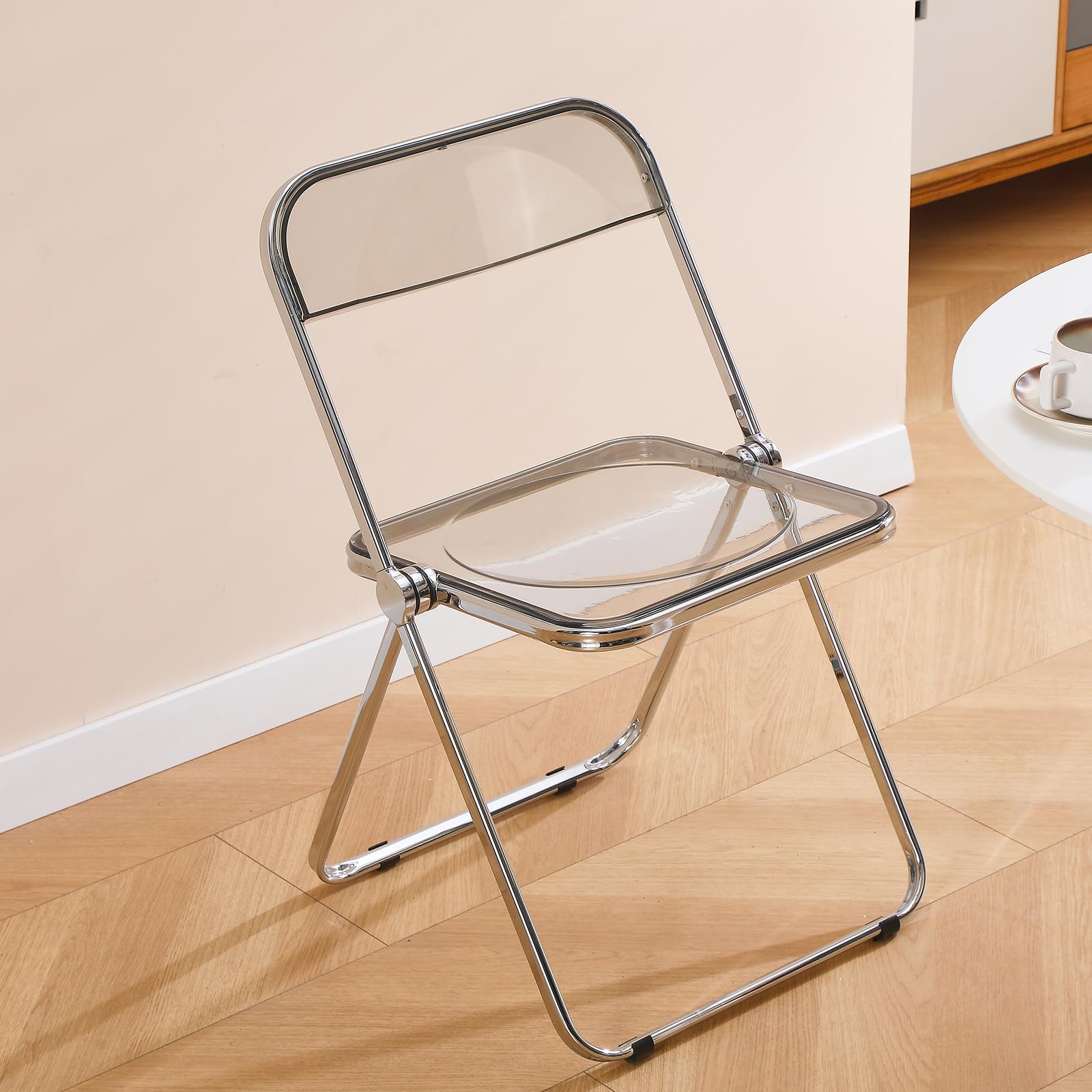 Chaise Pliante Acrylique Chrome Modèle, Siège Transparent, Gris | Acrylique anti-rayures, cadre chromé solide, pliable et empilable, convient salle à manger, salon et petit espace