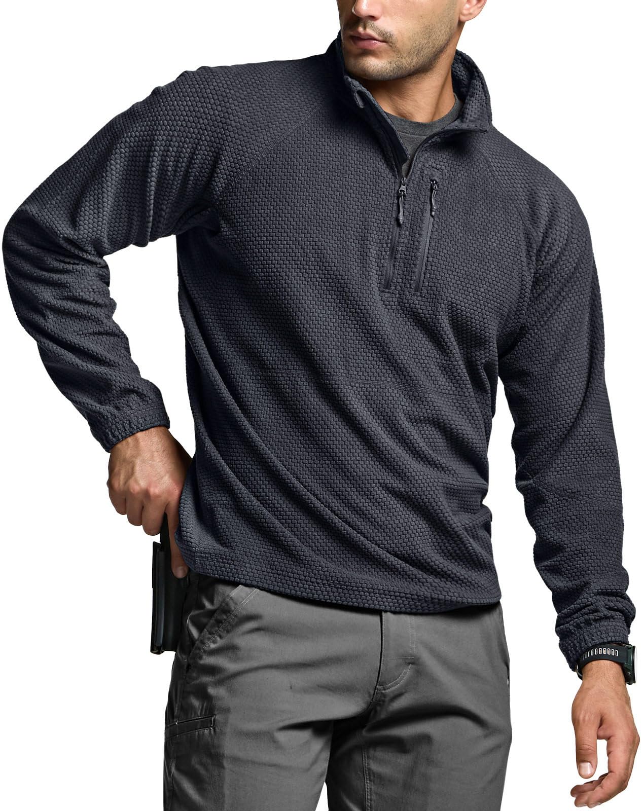 CQR Men's Quarter Zip Utility Fleece Pullover, Outdoor Casual Thermal Sweater, Chest Zipper Pocket, Mock Neck Long Sleeve