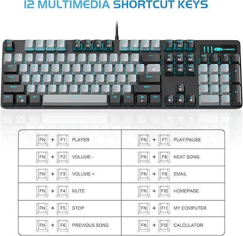 Miniatura 8 de MageGee Teclado mecánico para juegos, teclados retroiluminados azules de 104 teclas con interruptores marrones y teclas de doble disparo, teclado