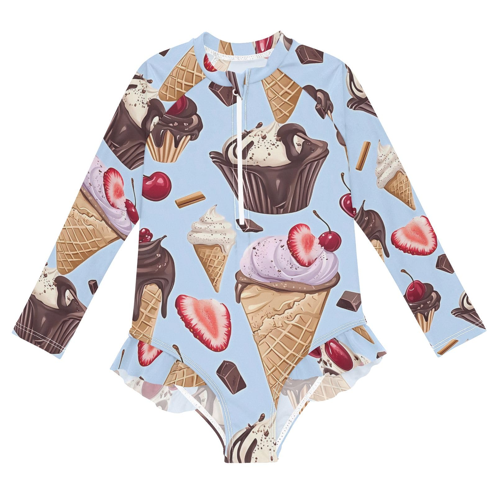 ALAZA Toddler Swimsuit Girl Bathing Suit Swimwear Rash Guard Chocolate Ice Cream Cherry Long Sleeve 3T