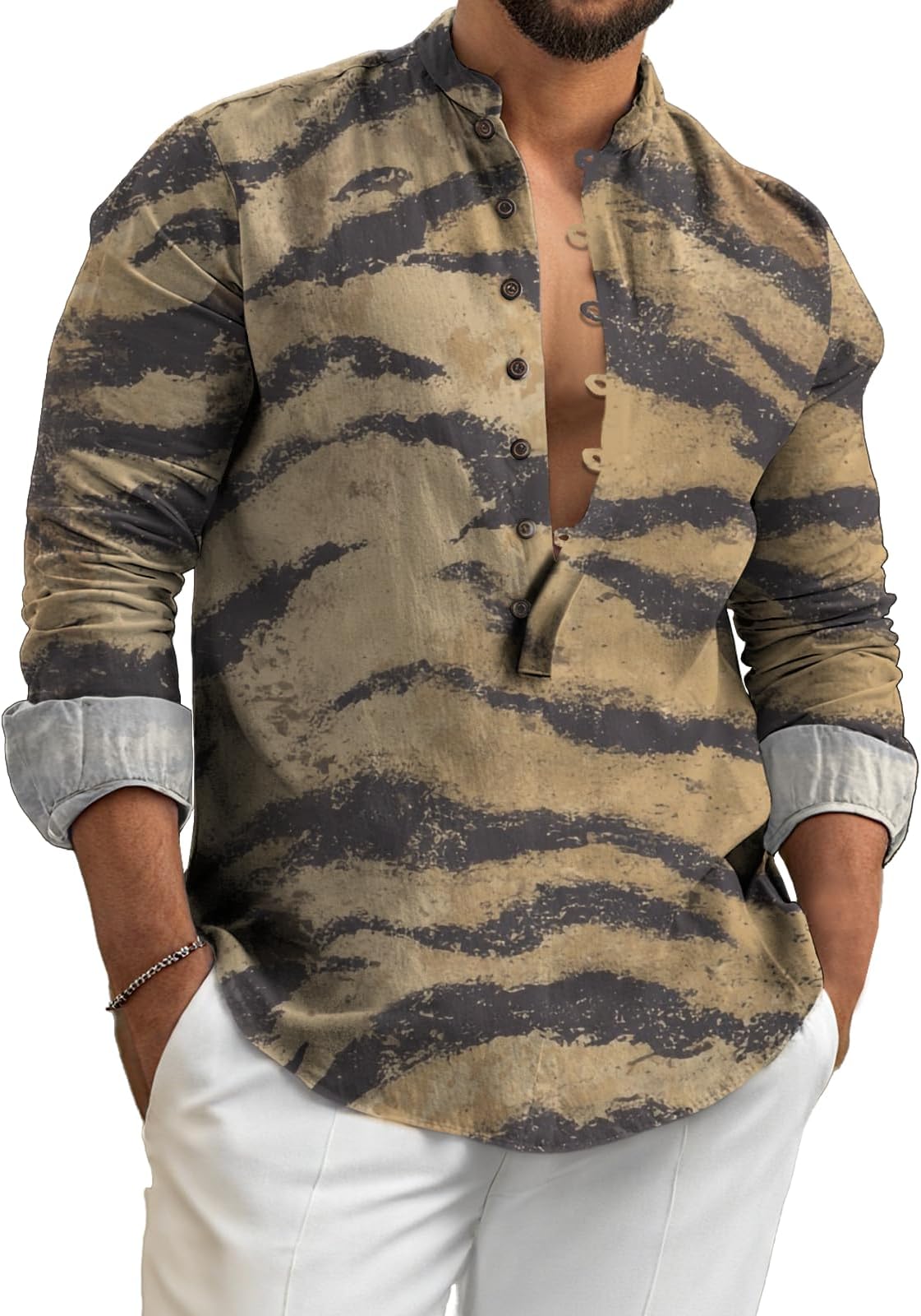 Men Button-Down Shirt Oversized Long Sleeve Pullover Tops V Neck Tee Shirts Retro Graphic 2025 Summer Clothes