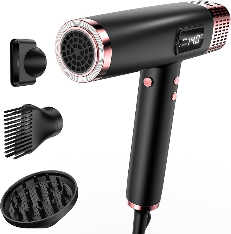 Secador de pelo iónico de doble voltaje con difusor - Secador de pelo de alta velocidad de 1875 W para mujeres, secado rápido, sin daños por calor, bajo nivel de ruido, ligero, viaje europeo 110V-120V/220V-240V, regalos para mujeres | Secado rápido, control de encrespamiento, 3 velocidades, diseño de bajo nivel de ruido de 0.77lb, accesorios magnéticos, 110V-240V, negro satinado