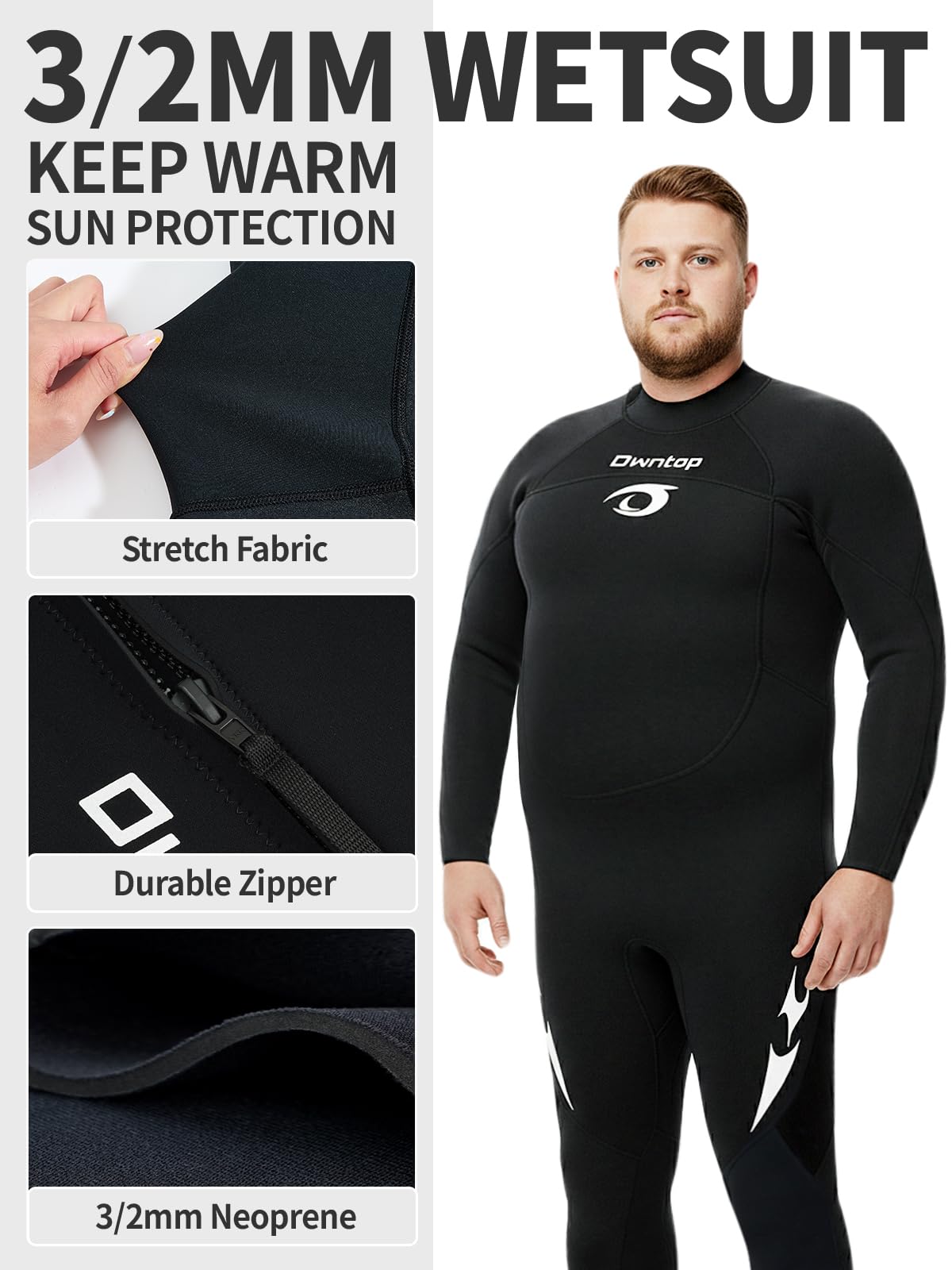 Owntop Traje de neopreno de talla grande para hombre y mujer, 3/2 mm con cremallera trasera, traje térmico de cuerpo completo, traje de buceo para buceo en agua fría, surf