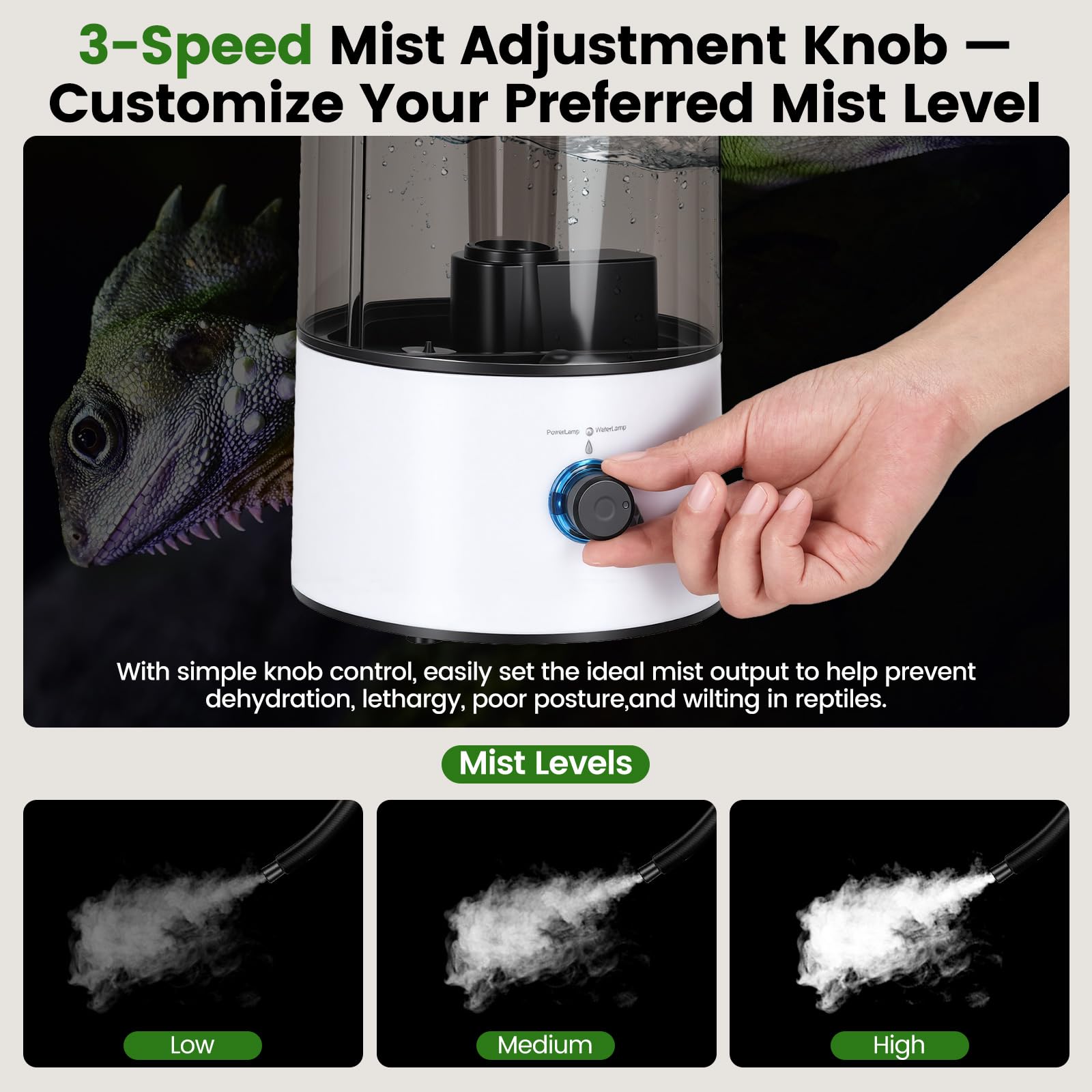 Humidificador Aéreo para Reptiles, 4L Generador Niebla para Terrarios con Tubo Doble Extensible, Ajuste en Tres Niveles del Tamaño de la Niebla, Vaporizador Ultra Silencioso para Reptiles