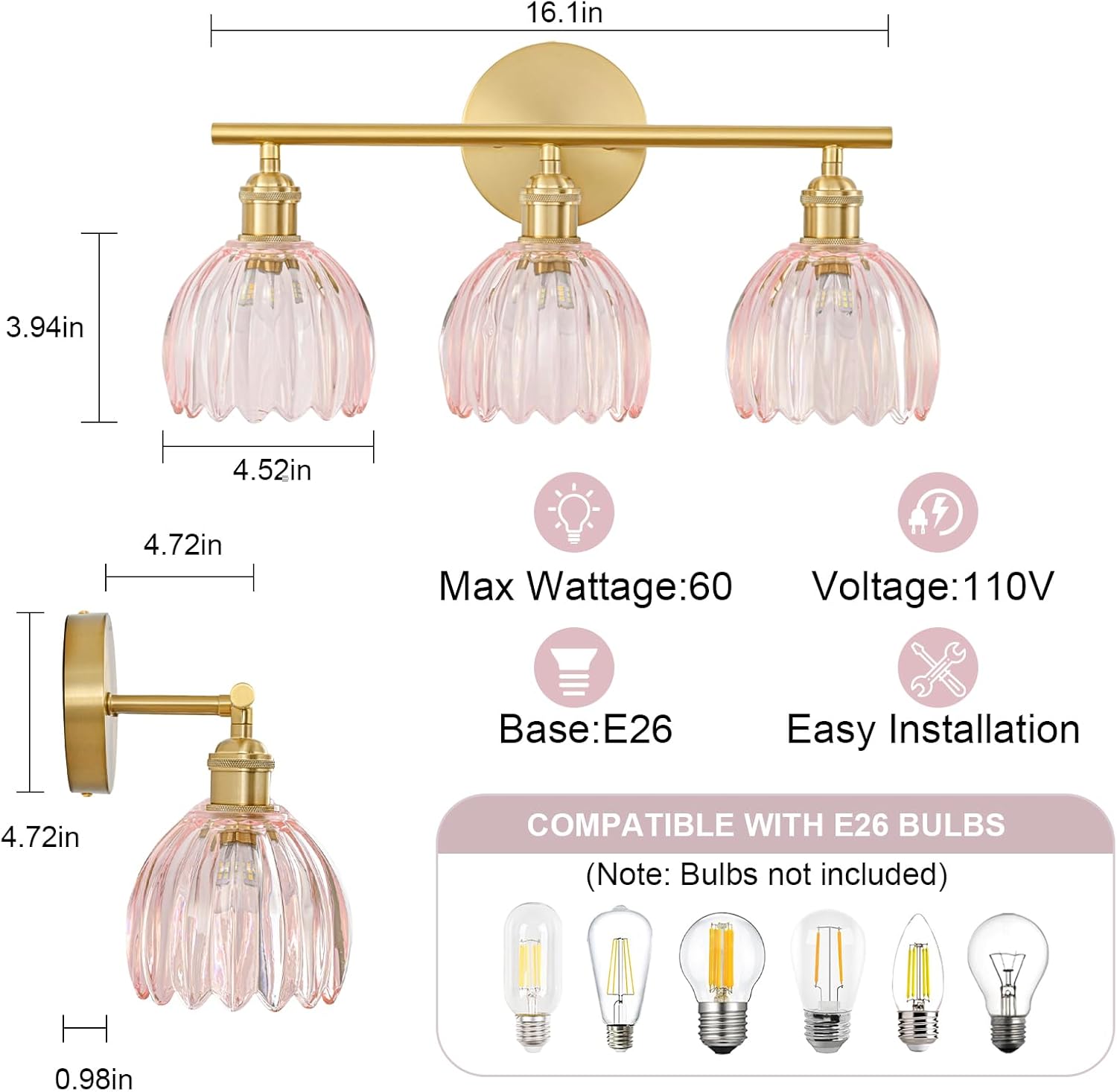 Gold Bathroom Light Fixtures Over Mirror, 3 Light Bathroom Vanity Light Fixture with Tulip Pink Glass Lampshade, Vintage Vanity Lights for Bathroom, Bathroom Vanity Lights Over Mirror