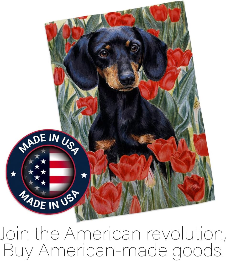 Breeze Decor - Dachsund in Tulips Nature - Everyday Pets Impressions Decorative Vertical House Flag 28" x 40" Printed in USA