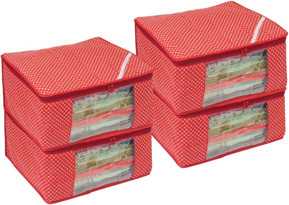 Wonder Cub Cotton Saree Cover/Saree Bag/Storage Bag with Transparent Window, Extra Large, (Pack of 4) Red